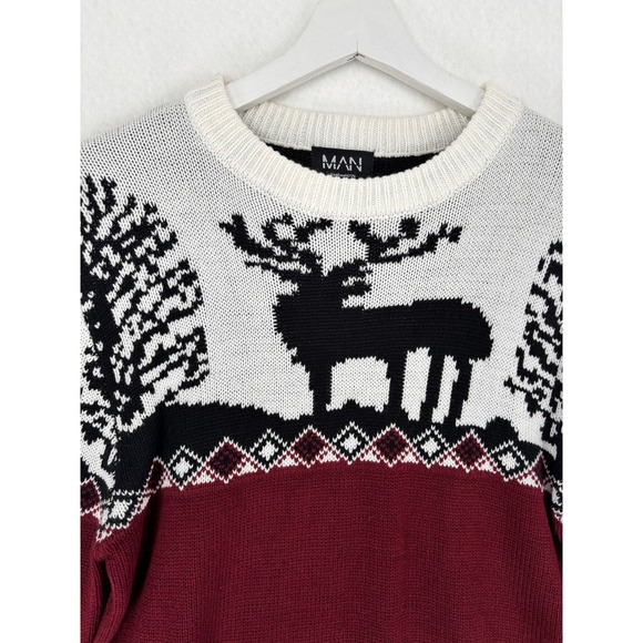 BoohooMAN Men's Reindeer Christmas Sweater Red White Black Size M - Picture 10 of 11